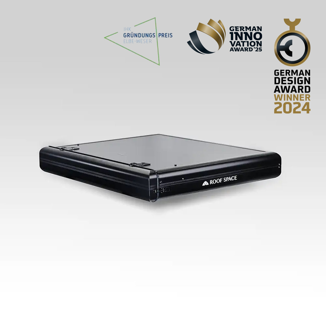 Roof Space 2 rooftop tent with ladder on a white background, featuring German innovation and design awards.