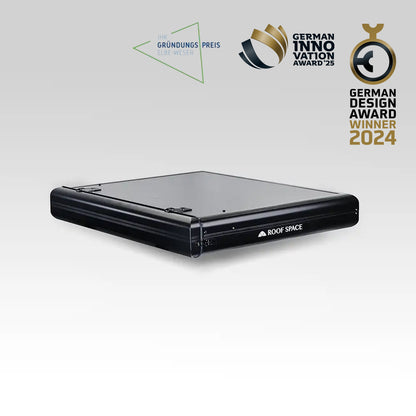 Roof Space 2 rooftop tent with ladder on a white background, featuring German innovation and design awards.