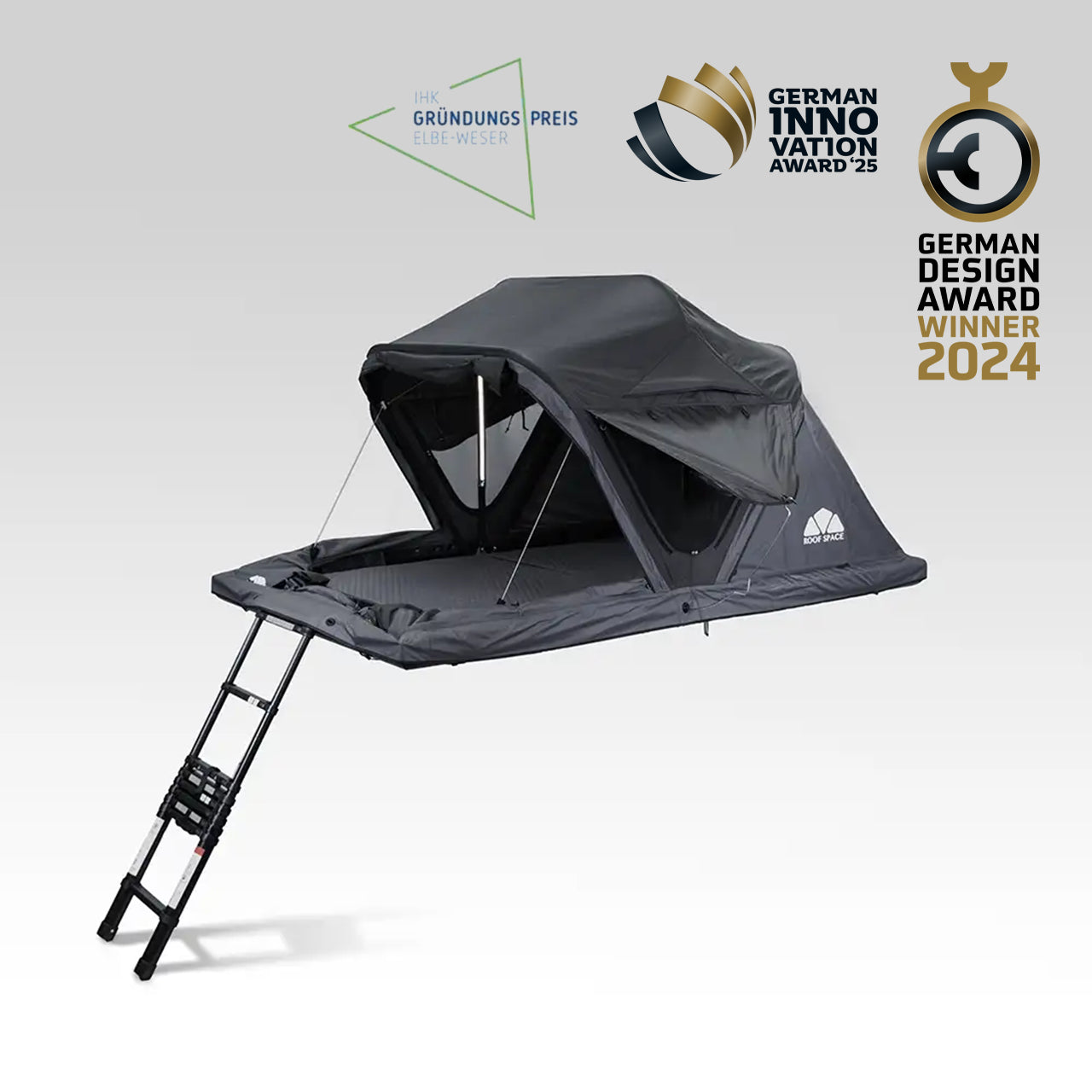 Roof Space 2 rooftop tent with ladder on a white background, featuring German innovation and design awards.