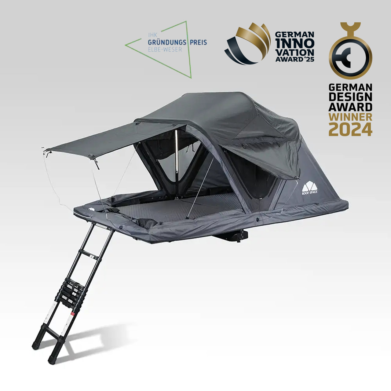 Roof Space 2 rooftop tent with ladder on a white background, featuring German innovation and design awards.