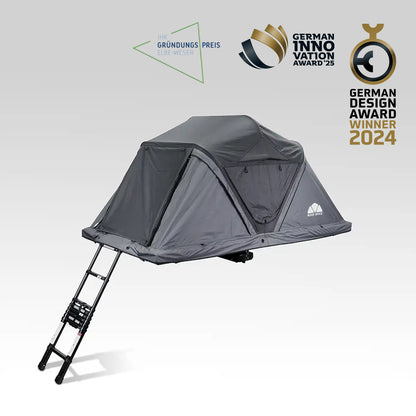Roof Space 2 rooftop tent with ladder on a white background, featuring German innovation and design awards.