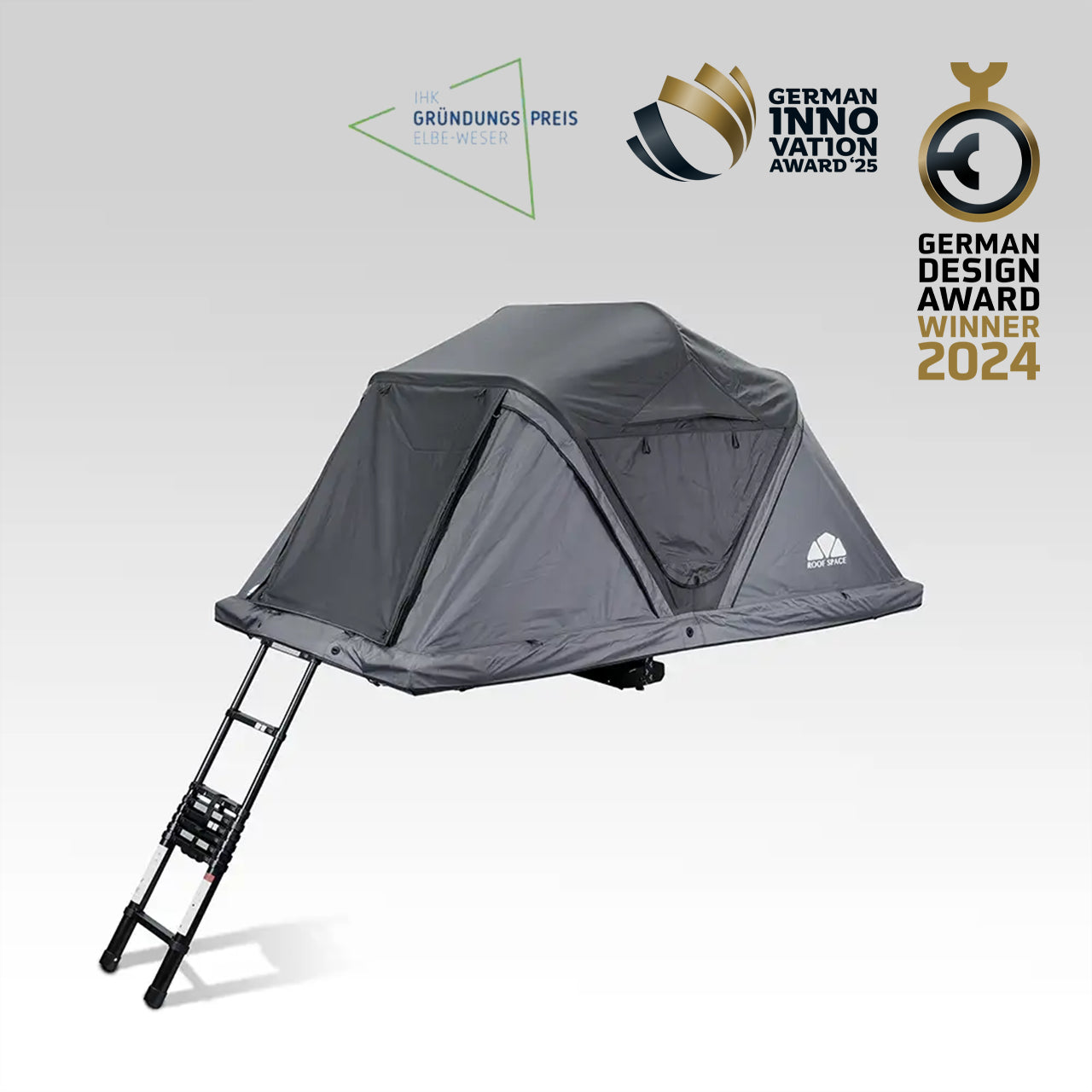 Roof Space 4 rooftop tent with ladder on a white background, featuring German innovation and design awards.